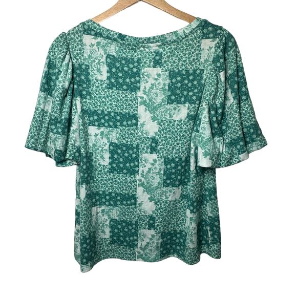 LC Lauren Conrad Green White Patchwork Print Bubble Sleeve Top Size Large - Picture 3 of 4